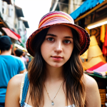 A young woman wearing a stylish Urban Outfitters bucket hat in a vibrant Istanbul street market, surrounded by colorful textiles and local crafts. The hat is basic color, complementing her casual outfit of boyfriend jeans and a crop top. The background features the bustling atmosphere of the market with blurred vendors and shoppers.